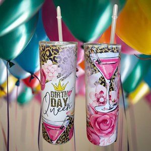 Birthday Queen Tumbler Pink Cheetah With Lid & Plastic Straw, 20oz